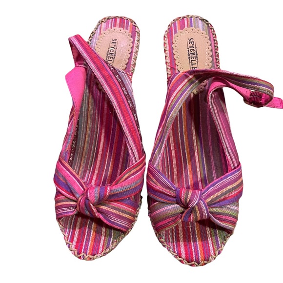 Seychelles Pink Stripped Canvas Bo Peep Toe Slingback Cork Wedges Women Size 7.5 - Picture 5 of 14